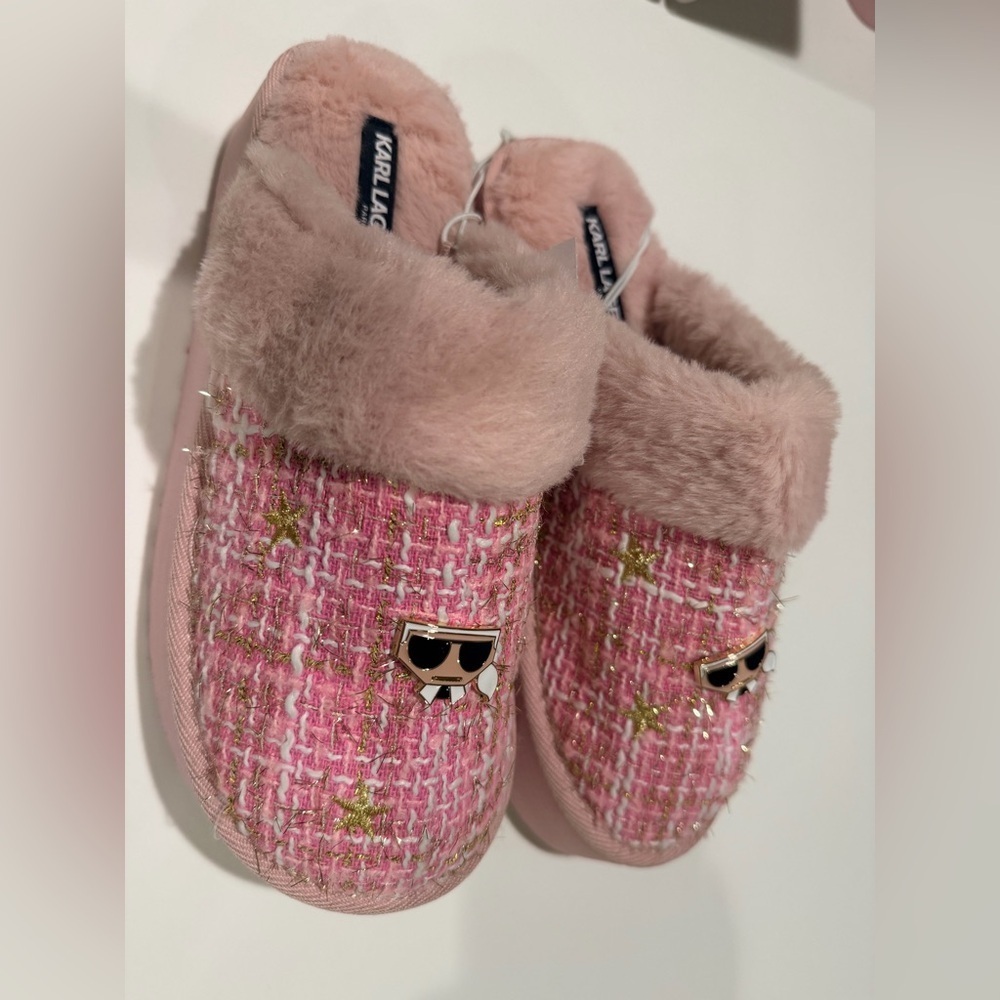 Karl Lagerfeld Pink Tweed Slippers with Sunglasses Charm size 8.5 - Picture 3 of 4